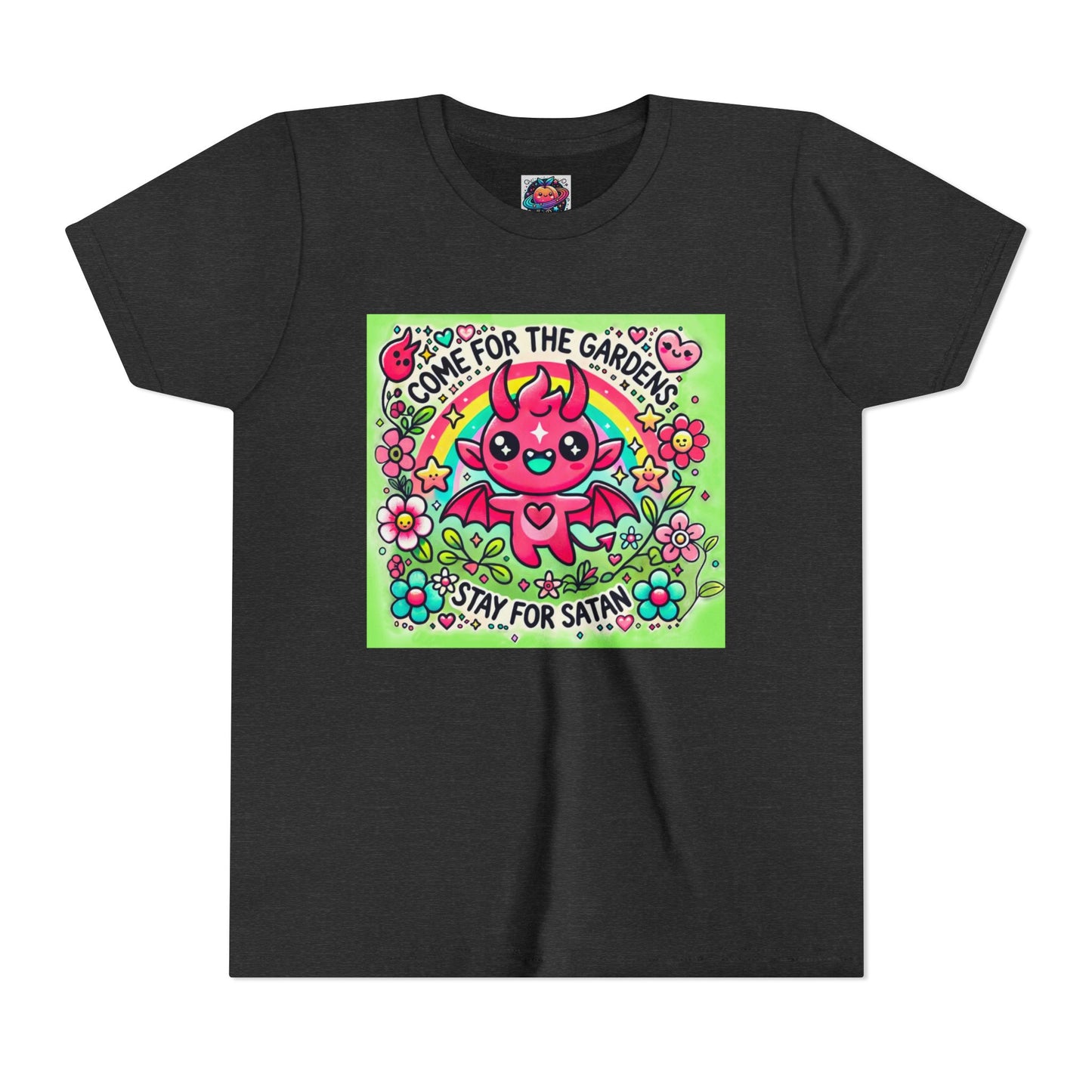 Kids Short Sleeve Tee - "Come for the Gardens, Stay for Satan" Cute Devil Design