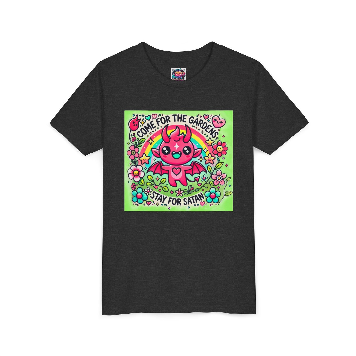 Kids Short Sleeve Tee - "Come for the Gardens, Stay for Satan" Cute Devil Design