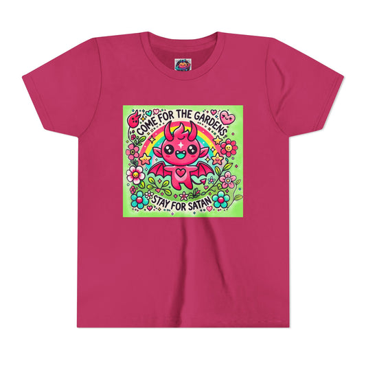 Kids Short Sleeve Tee - "Come for the Gardens, Stay for Satan" Cute Devil Design