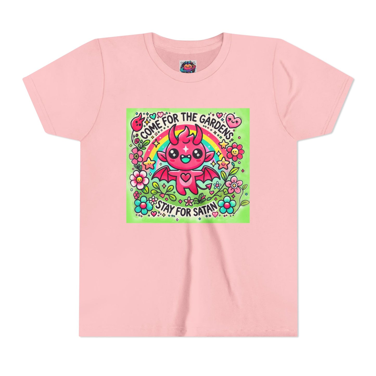 Kids Short Sleeve Tee - "Come for the Gardens, Stay for Satan" Cute Devil Design