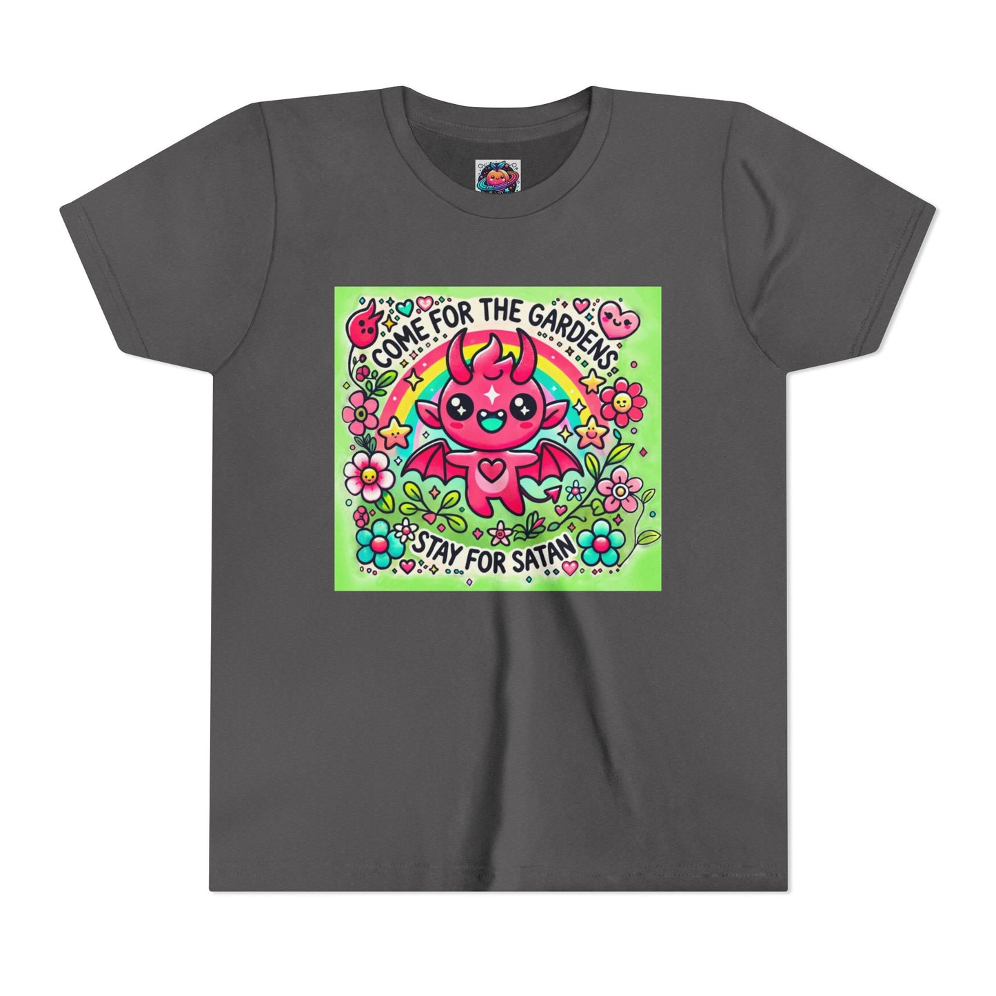 Kids Short Sleeve Tee - "Come for the Gardens, Stay for Satan" Cute Devil Design