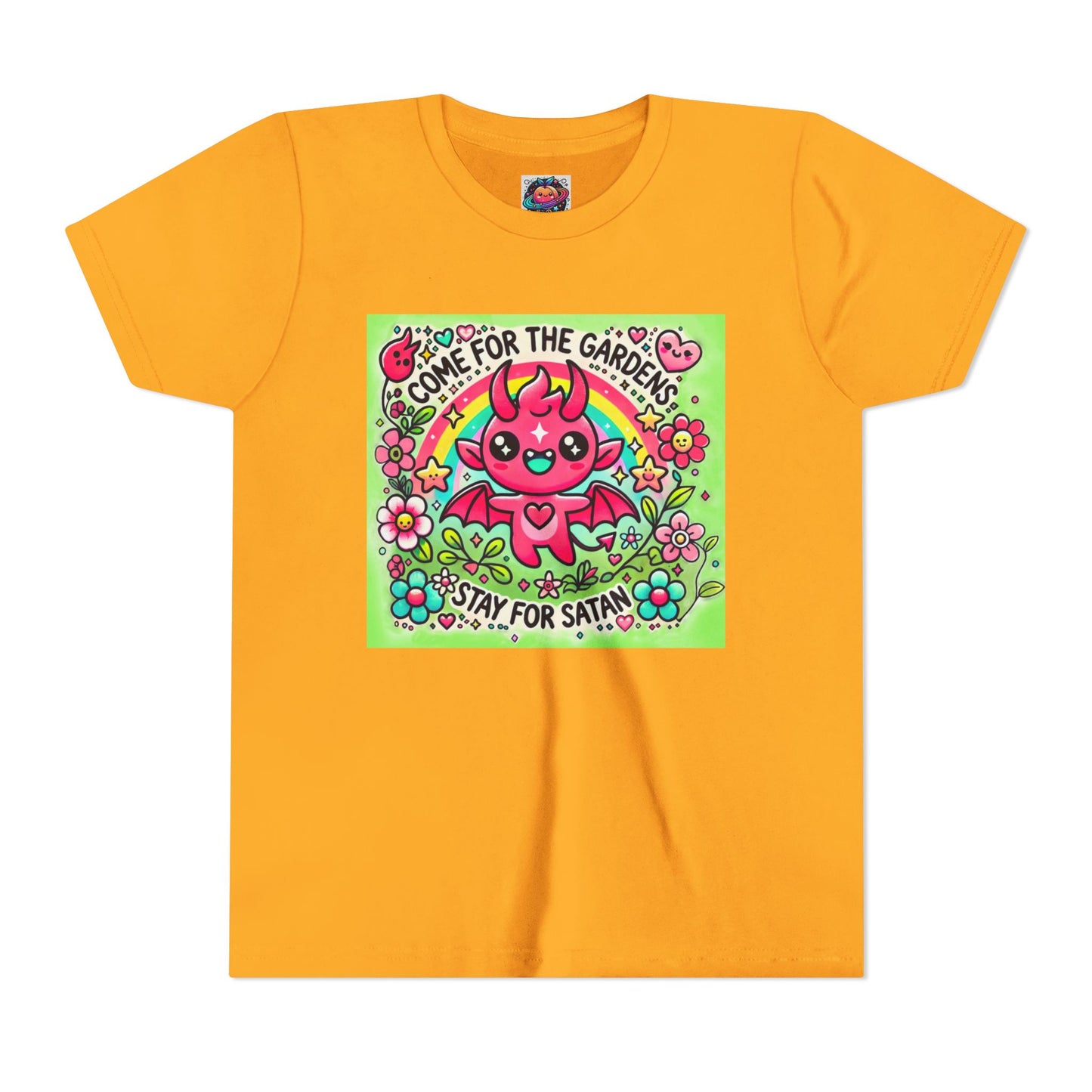 Kids Short Sleeve Tee - "Come for the Gardens, Stay for Satan" Cute Devil Design