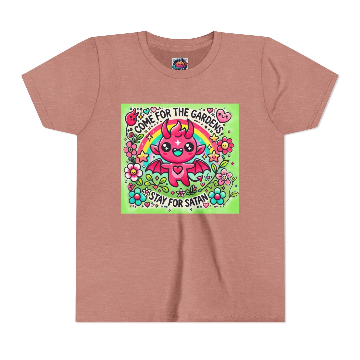 Kids Short Sleeve Tee - "Come for the Gardens, Stay for Satan" Cute Devil Design