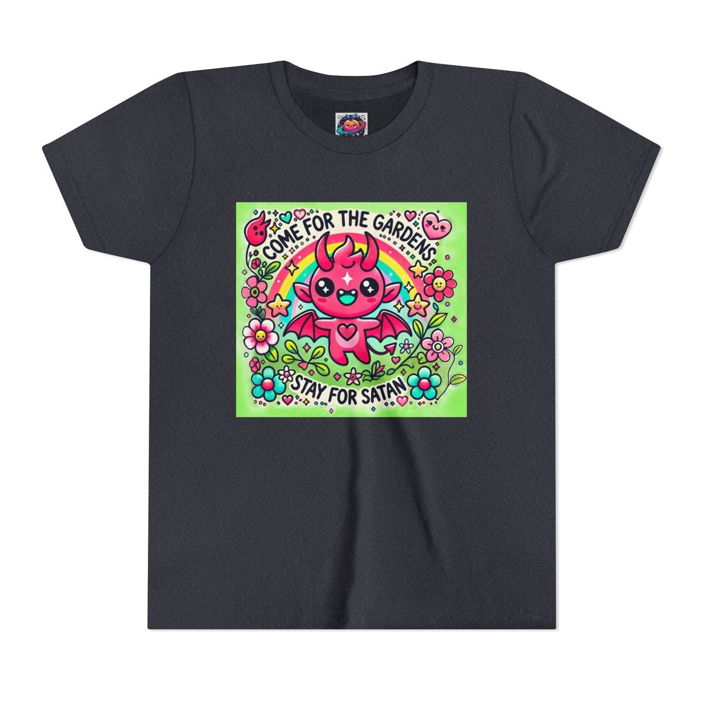 Kids Short Sleeve Tee - "Come for the Gardens, Stay for Satan" Cute Devil Design