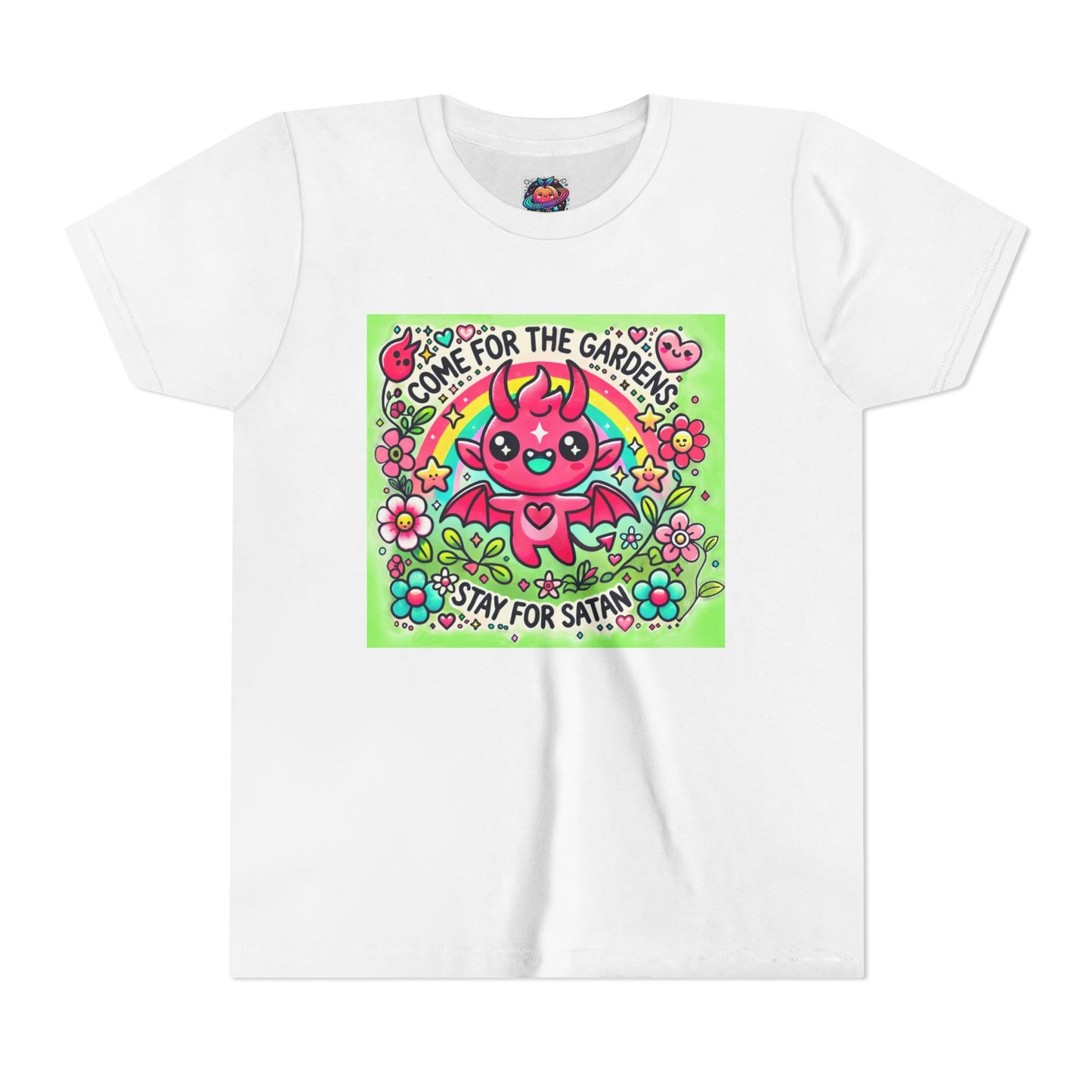 Kids Short Sleeve Tee - "Come for the Gardens, Stay for Satan" Cute Devil Design