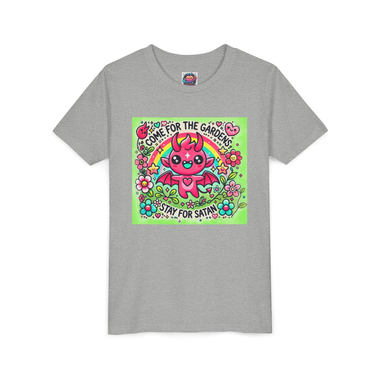 Kids Short Sleeve Tee - "Come for the Gardens, Stay for Satan" Cute Devil Design