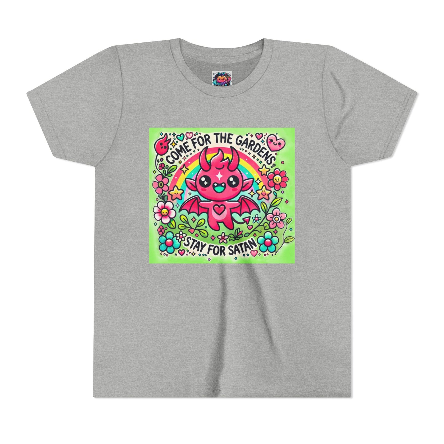 Kids Short Sleeve Tee - "Come for the Gardens, Stay for Satan" Cute Devil Design